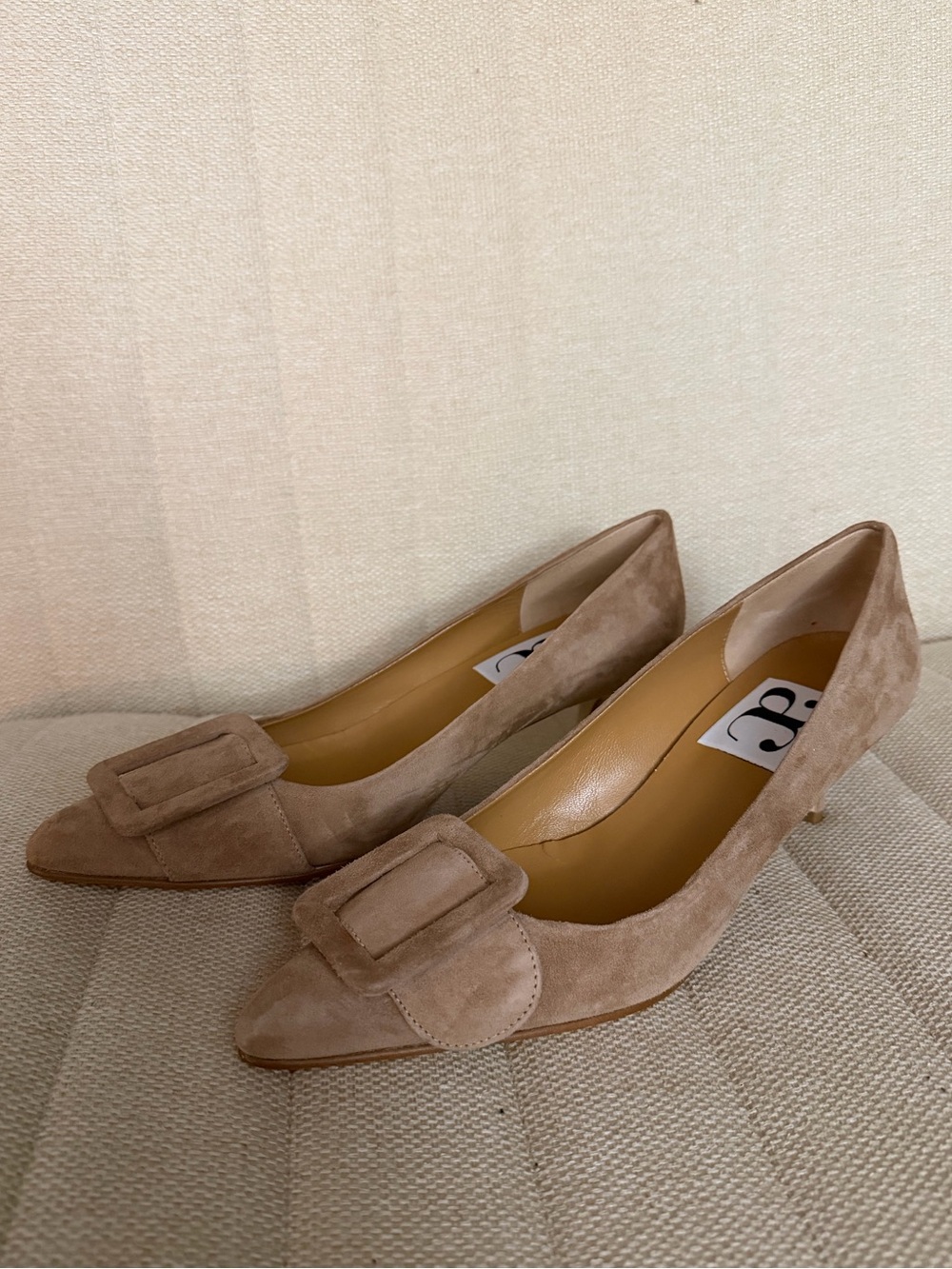 Andrea Carrano Milk Camel Suede Pointed Kitten Heels in Beige